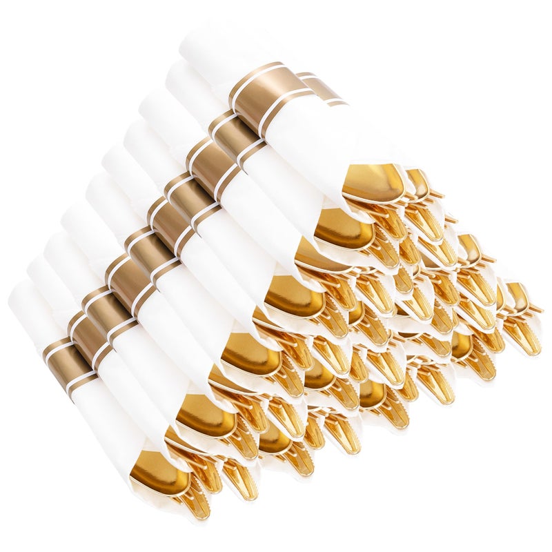 Joyido 400PCS Pre Rolled Gold Plastic Silverware Sets Heavy Duty Fancy Gold Cutlery Include 100 Pack Wrapped Disposable Utensils with Napkins for Parties Dinners Weddings